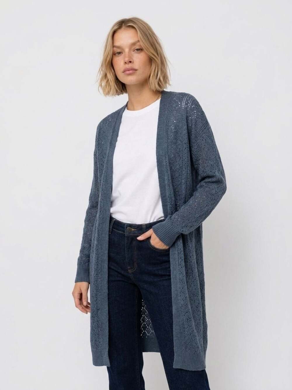 SHEIN Long Sleeve Open Front Crochet Knit Cardigan in Blue